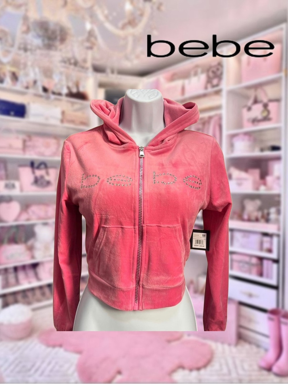 NWT bebe Pink Velour Rhinestone Logo Zip Hoodie Jacket
